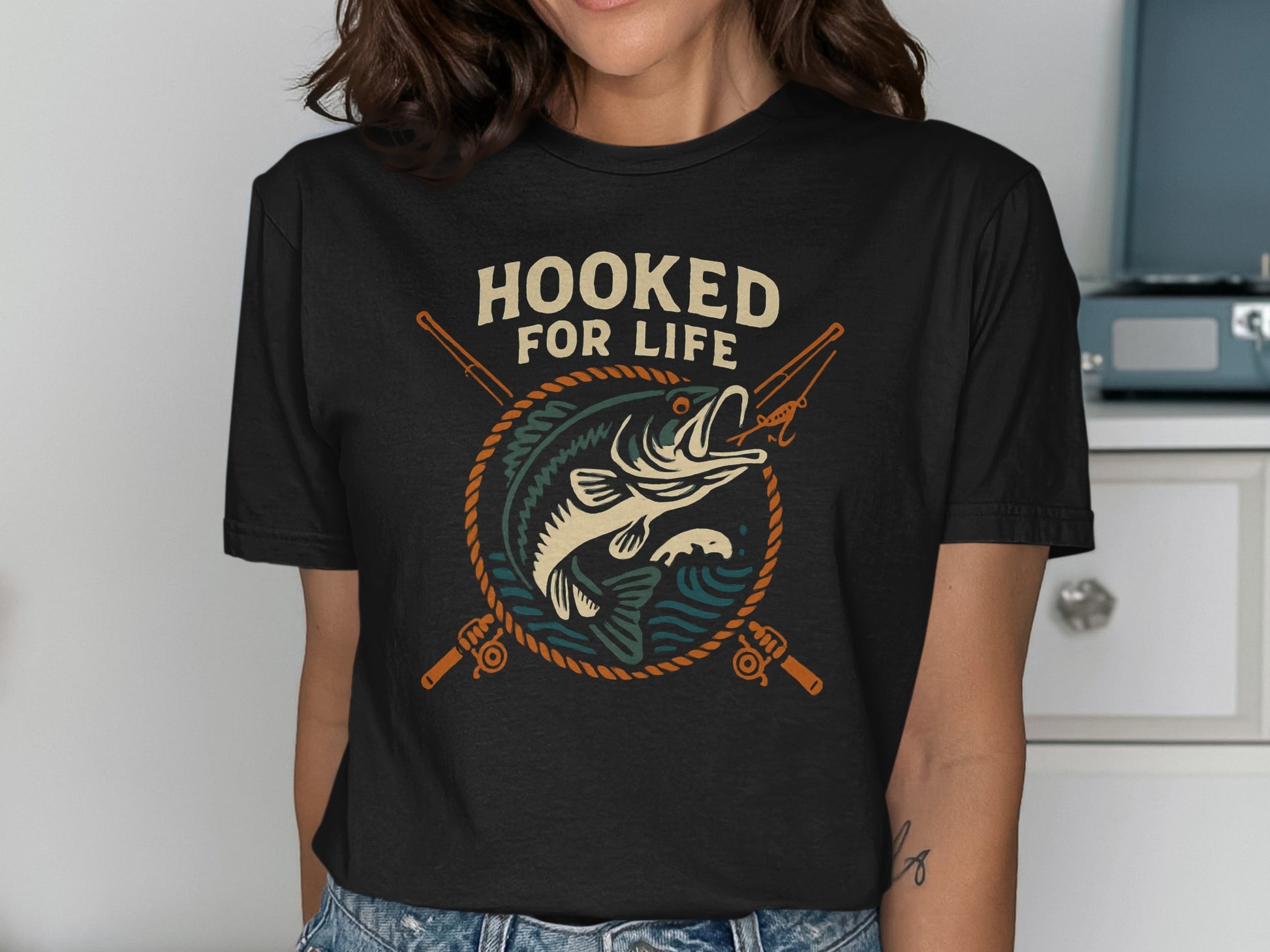 Hooked For Life Fishing Rod Graphic Black T-Shirt product type