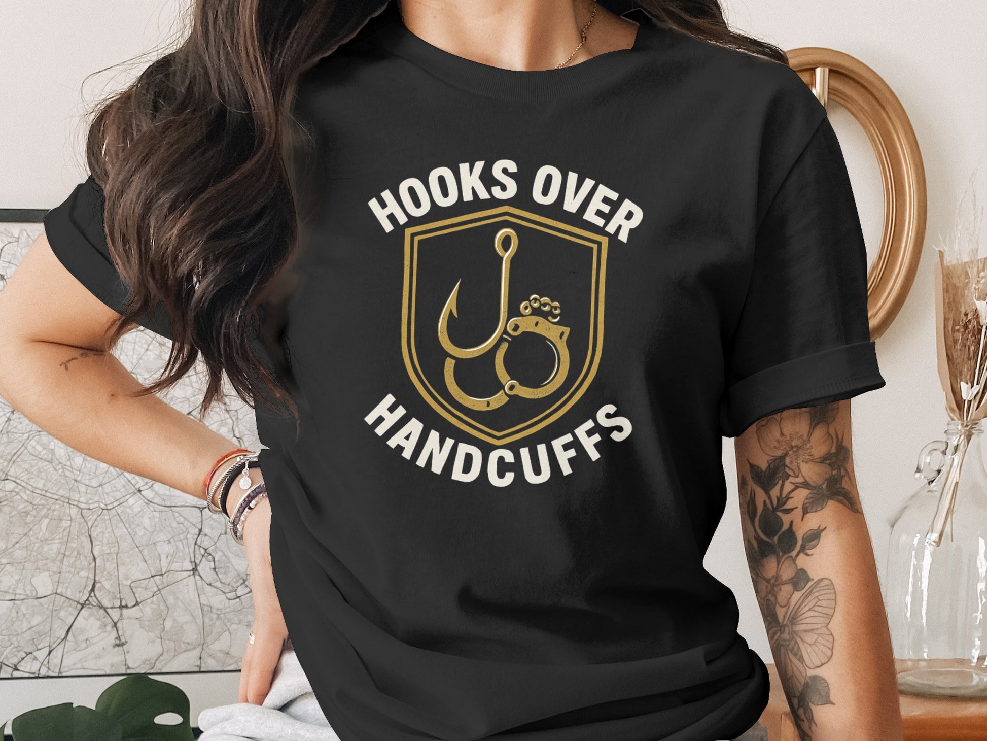 Hooks Over Handcuffs Graphic Black T-shirt Product
