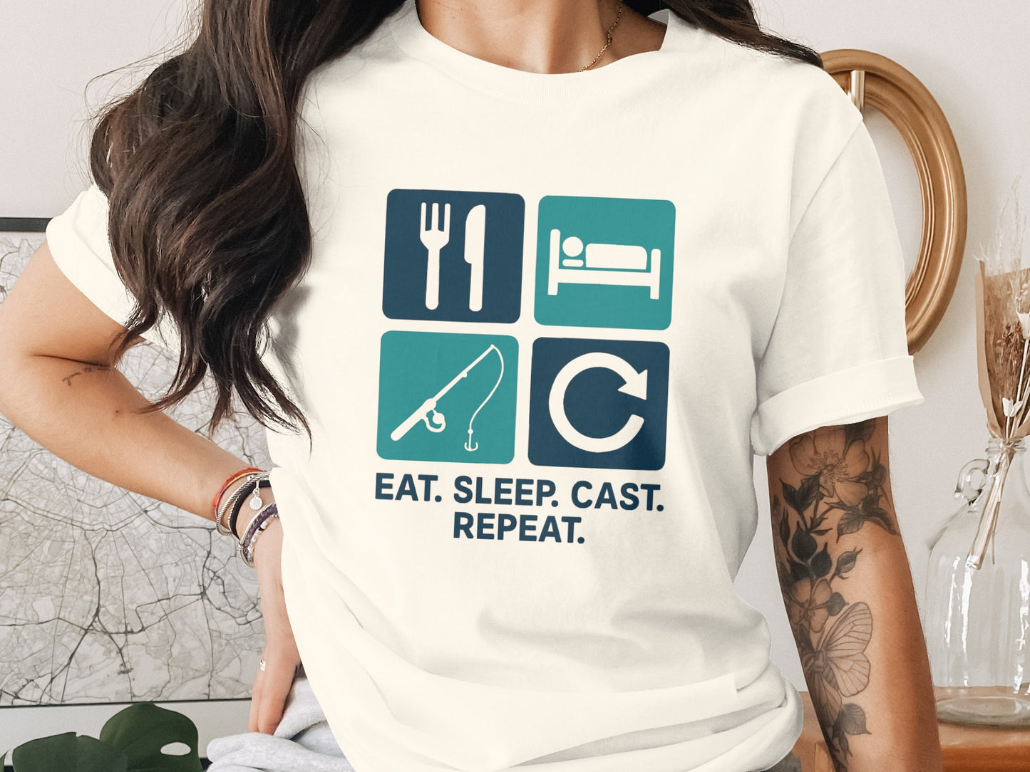 Eat Sleep Cast Repeat with Icons Graphic T-Shirt product