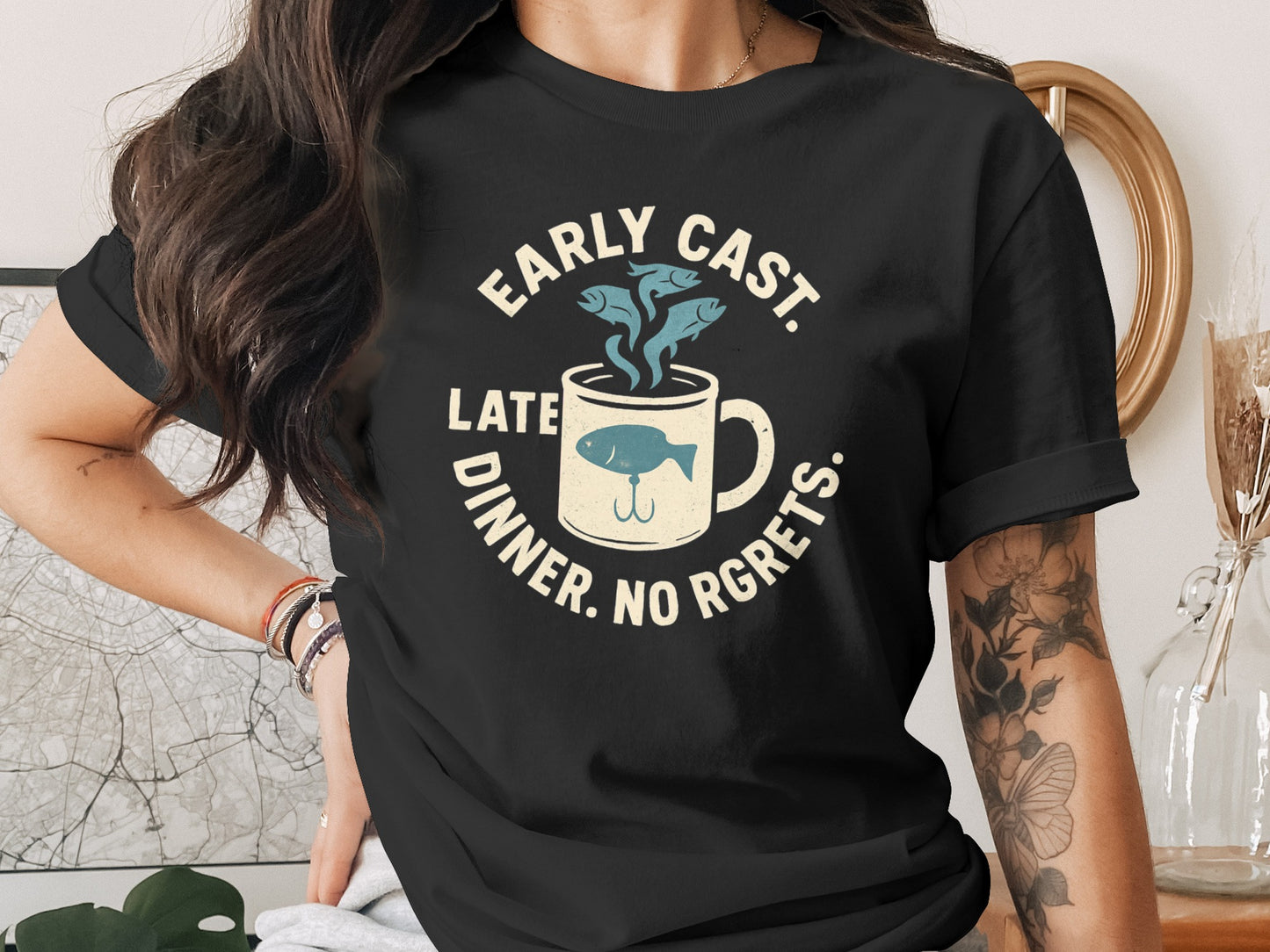 Early Cast Late Dinner No Regrets Fishing T-shirt product type