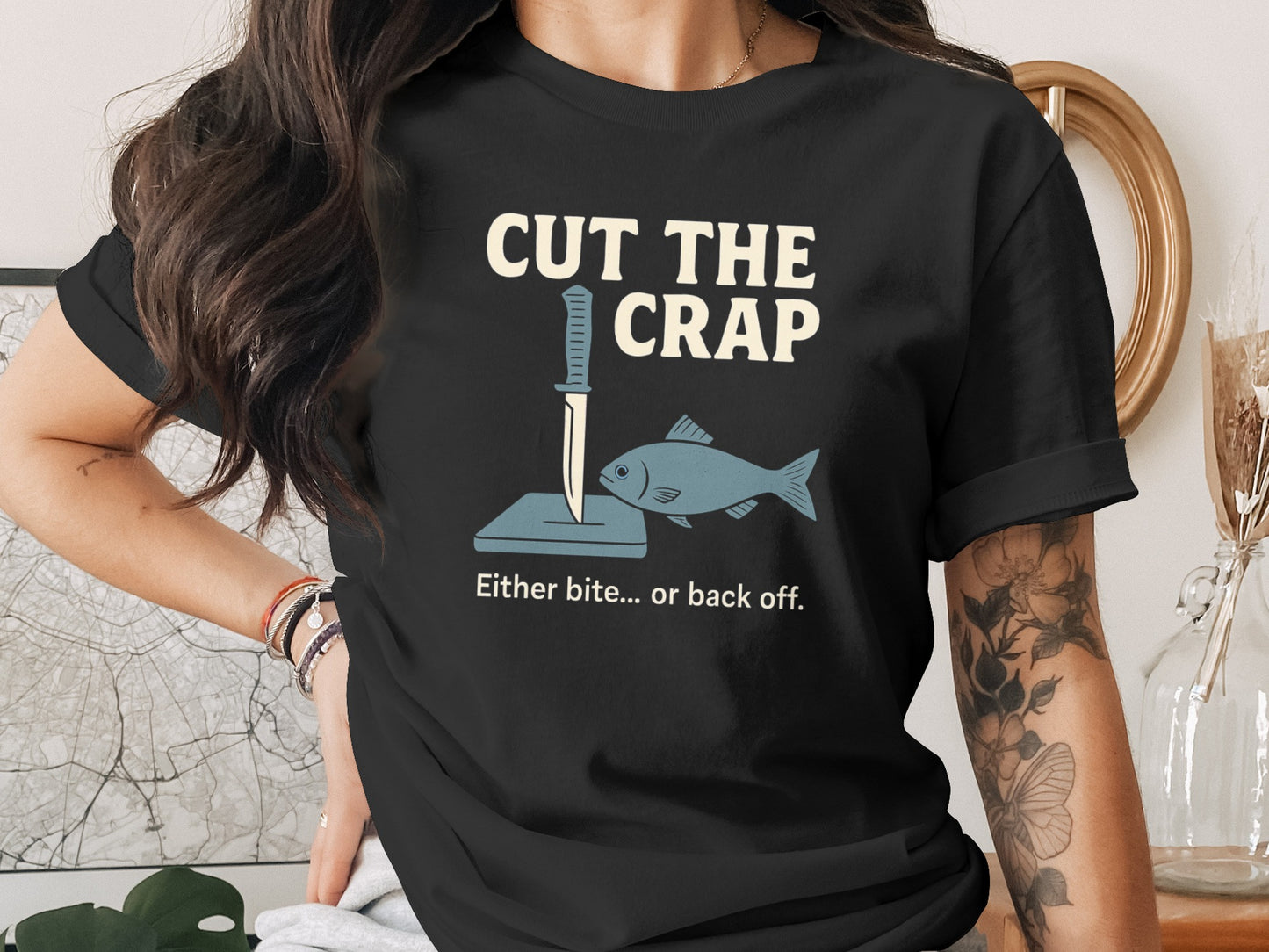 Cut The Crap Knife and Fish Graphic Print T-Shirt product type